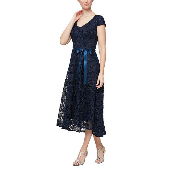 Alex Evenings Dresses & Skirts - Alex Evenings Women's A-Line Stretch Embroidered Dress Tie Belt Navy Cap 14P